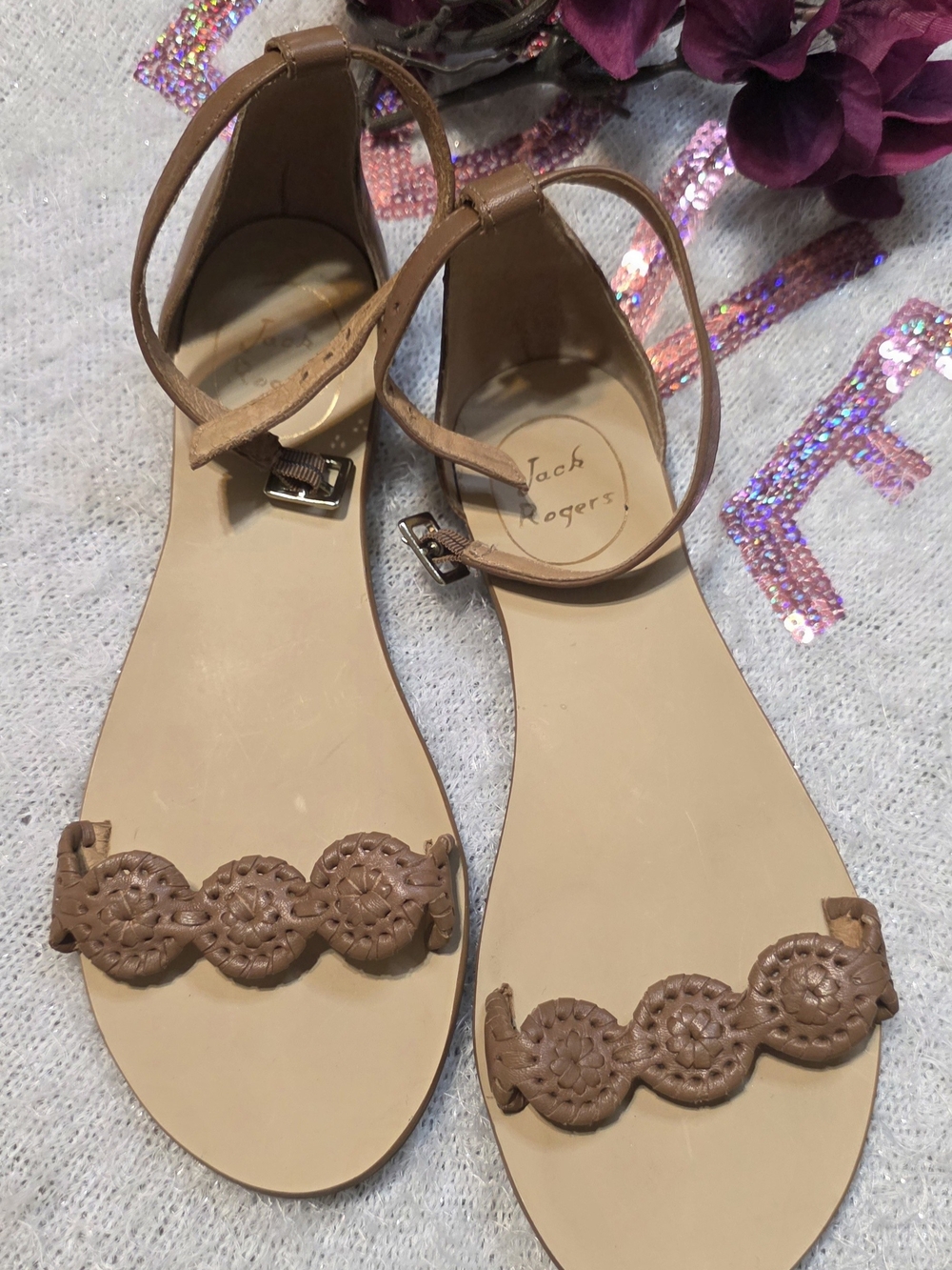 Jack Rogers Tan Leather Ankle-Strap Flat Sandals